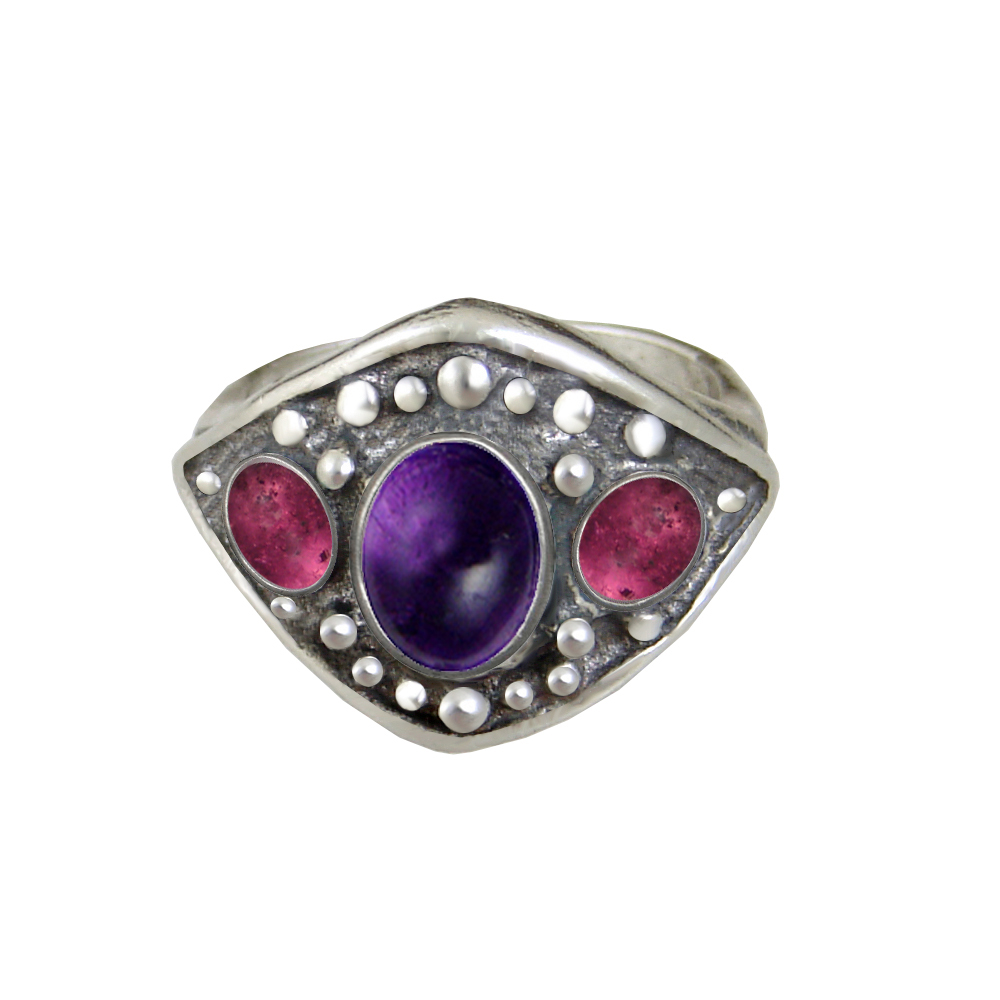 Sterling Silver Medieval Lady's Ring with Amethyst And Pink Tourmaline Size 9